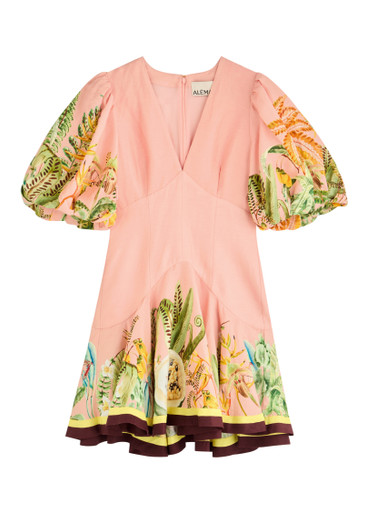ALEMAIS: Papaya printed flax-blend mini dress