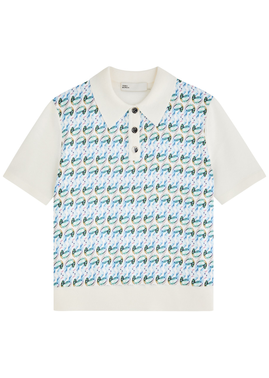 Tory Burch Patterned Front Top With Classic Polo Collar In Blue