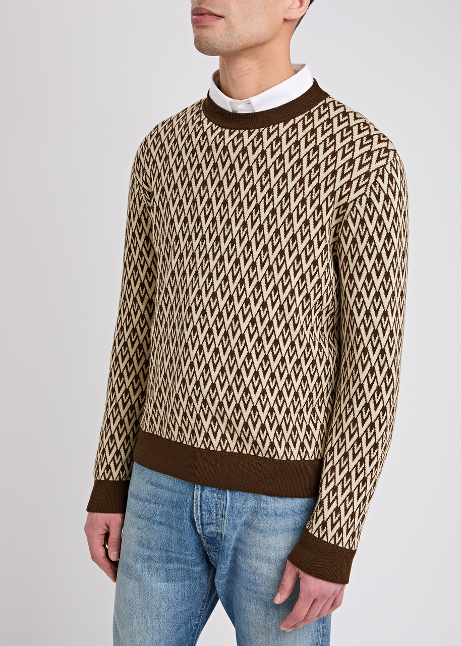 Valentino Monogrammed-intarsia Wool Jumper In Brown