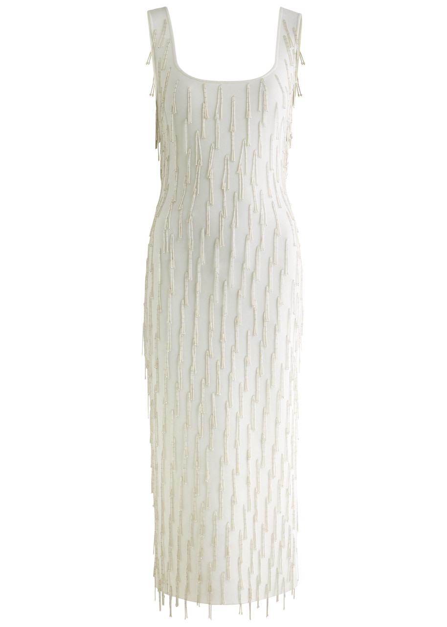 Galvan Embellished Knitted Midi Dress In White
