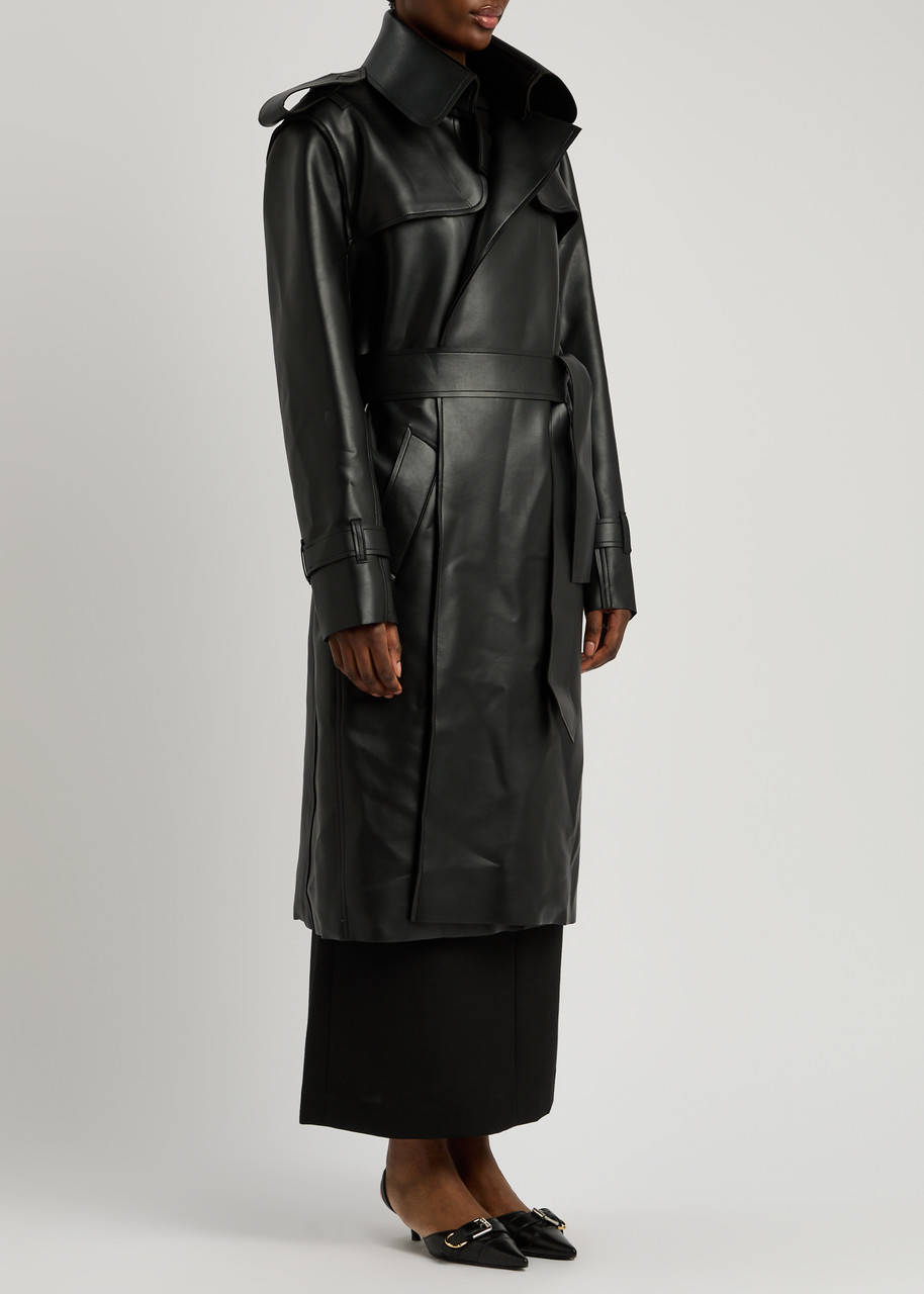 Norma Kamali Belted Faux Leather Trench Coat In Black