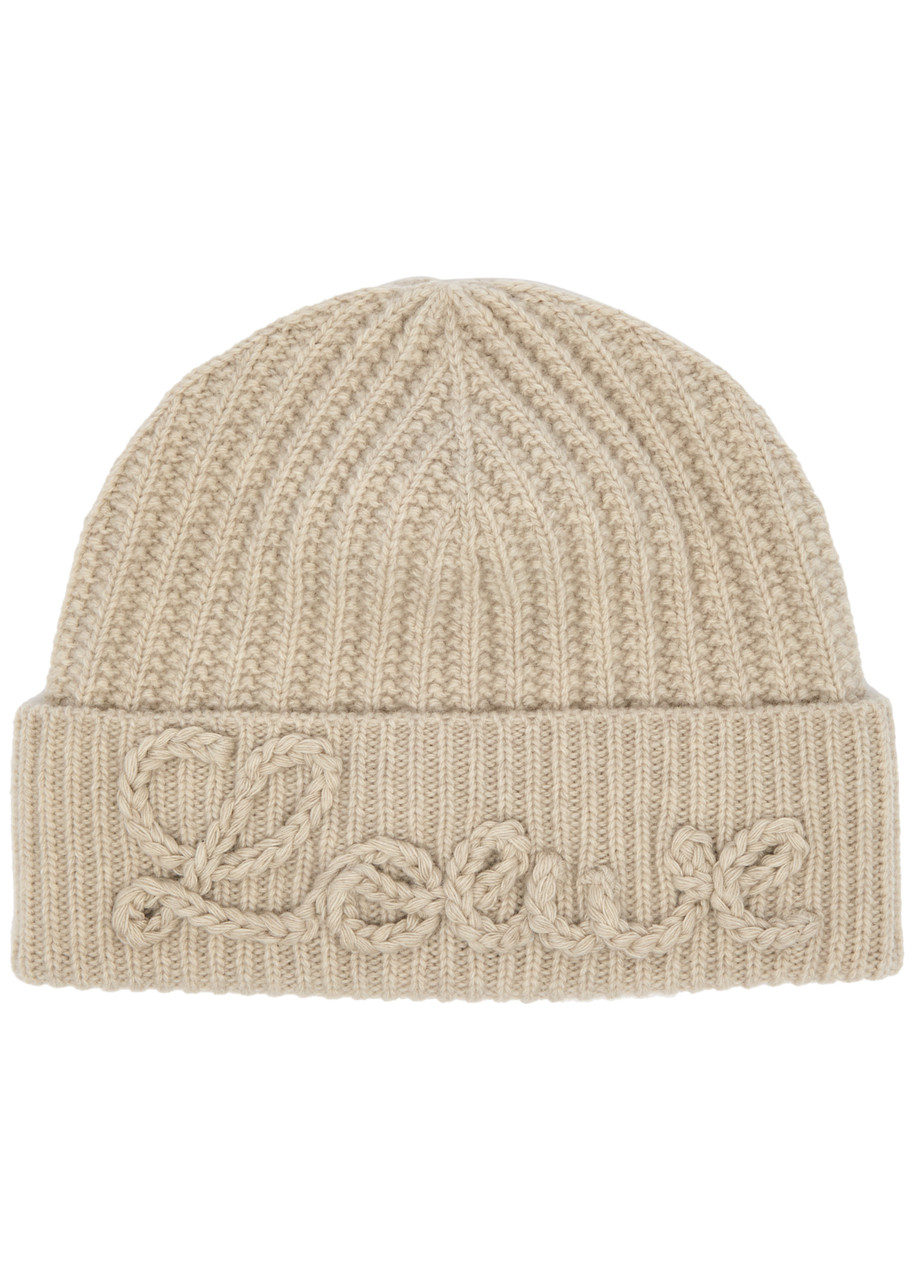 Loewe Logo-appliqué Ribbed Wool Beanie - Cream - One Size