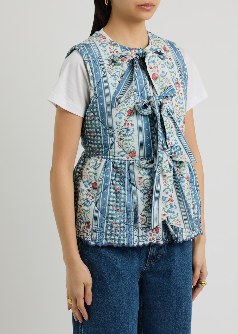 Damson Madder Catrin Tie Front Reversible Organic Cotton Vest In Blue