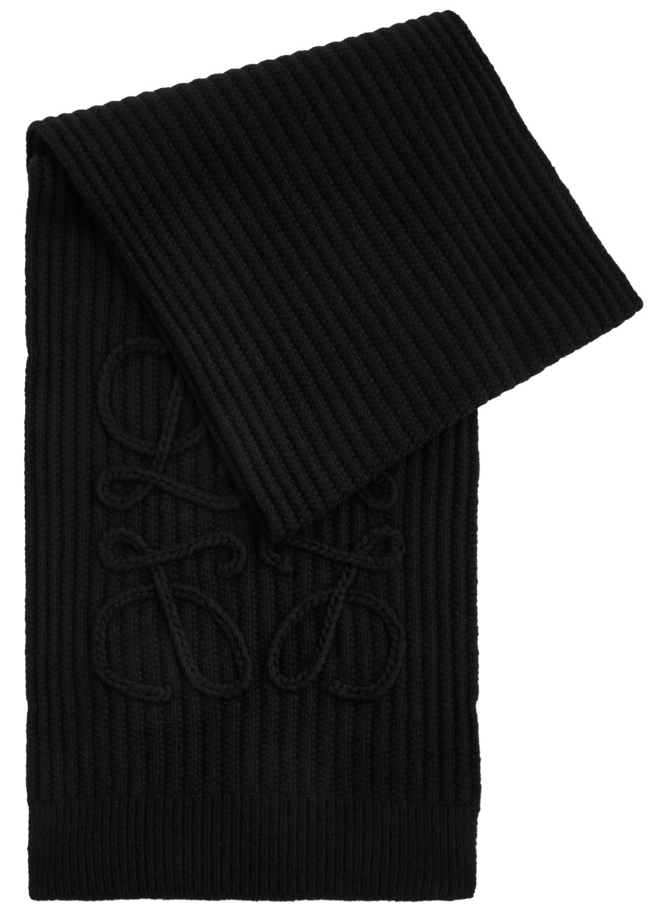Loewe Anagram-appliqué Ribbed Wool Scarf In Black
