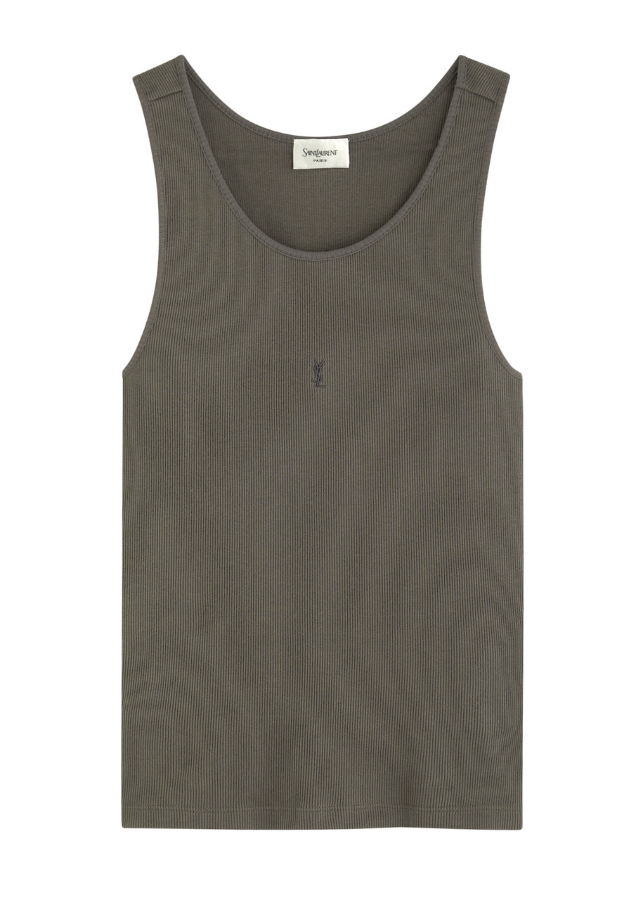 Saint Laurent Yves Logo-embroidered Ribbed Cotton Tank In Grey