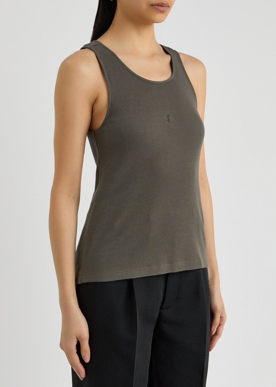 Saint Laurent Yves Logo-embroidered Ribbed Cotton Tank In Grey
