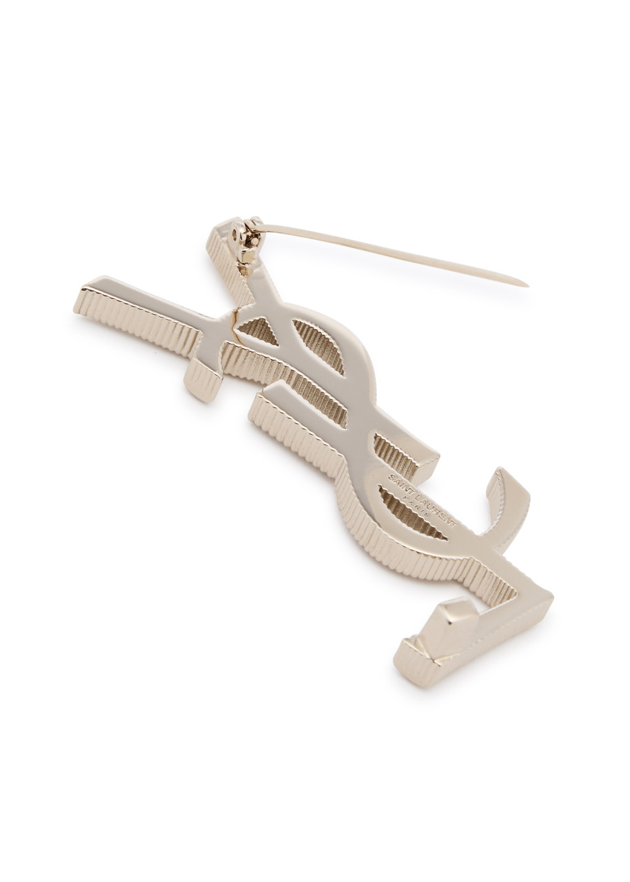  Saint Laurent Cassandre Textured Logo Brooch - Gold - One Size 