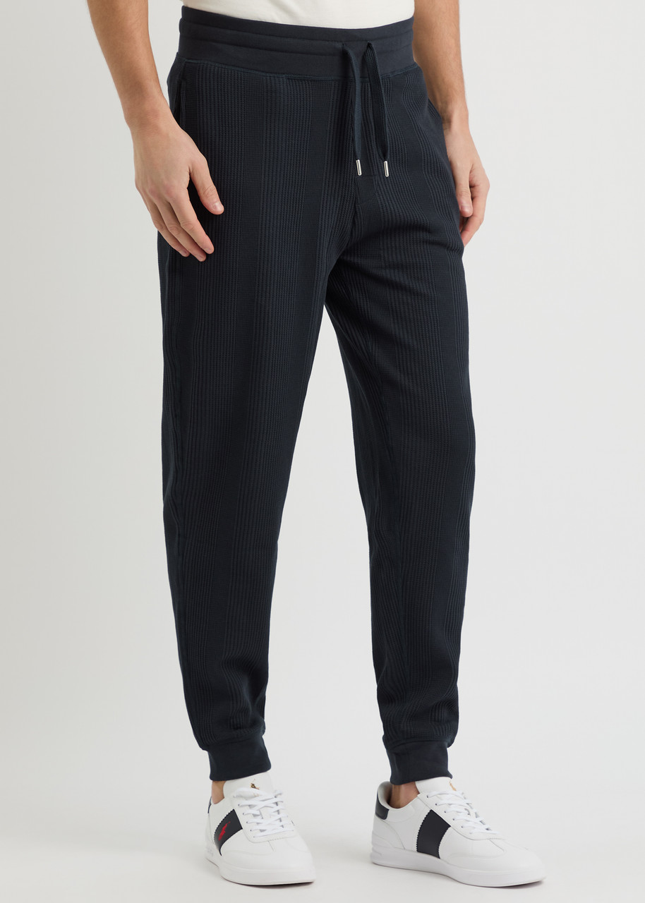 Hugo Boss Boss Waffle-knit Cotton-blend Sweatpants In Dark Blue