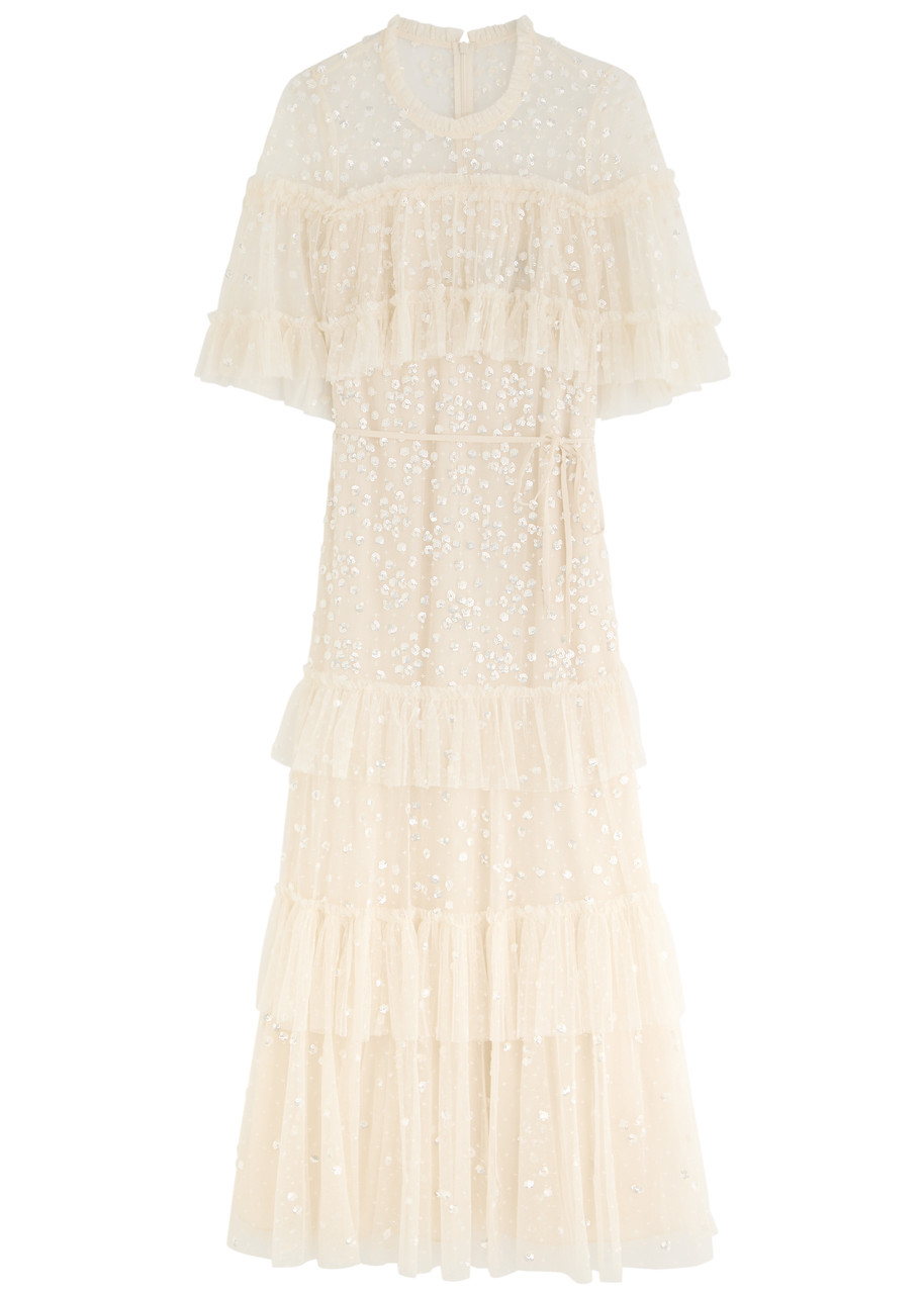 Needle & Thread Leila Dot Embellished Tiered Tulle Gown - Cream
