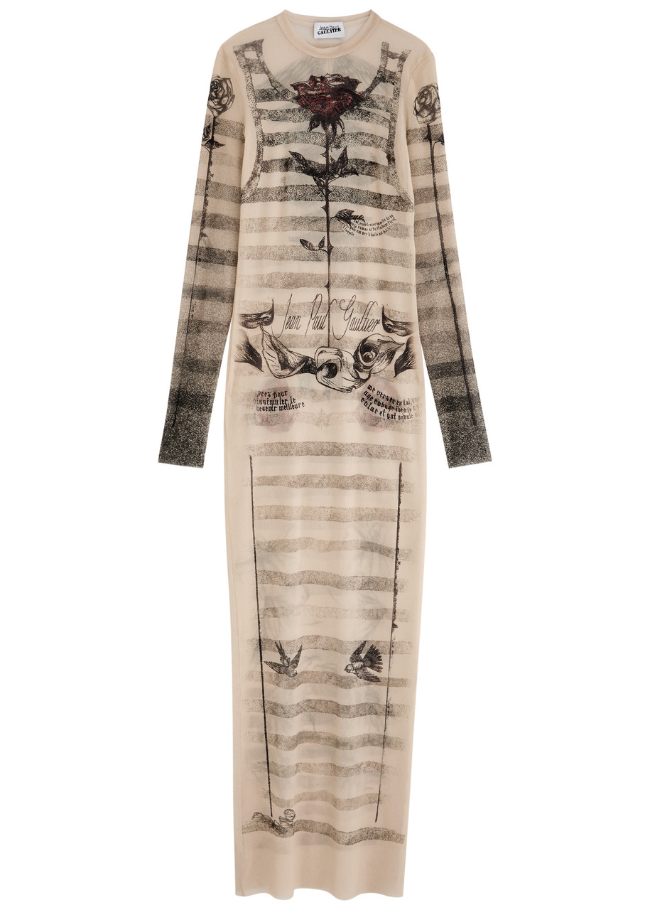 Jean Paul Gaultier Printed Sheer Stretch-tulle Maxi Dress - Ecru