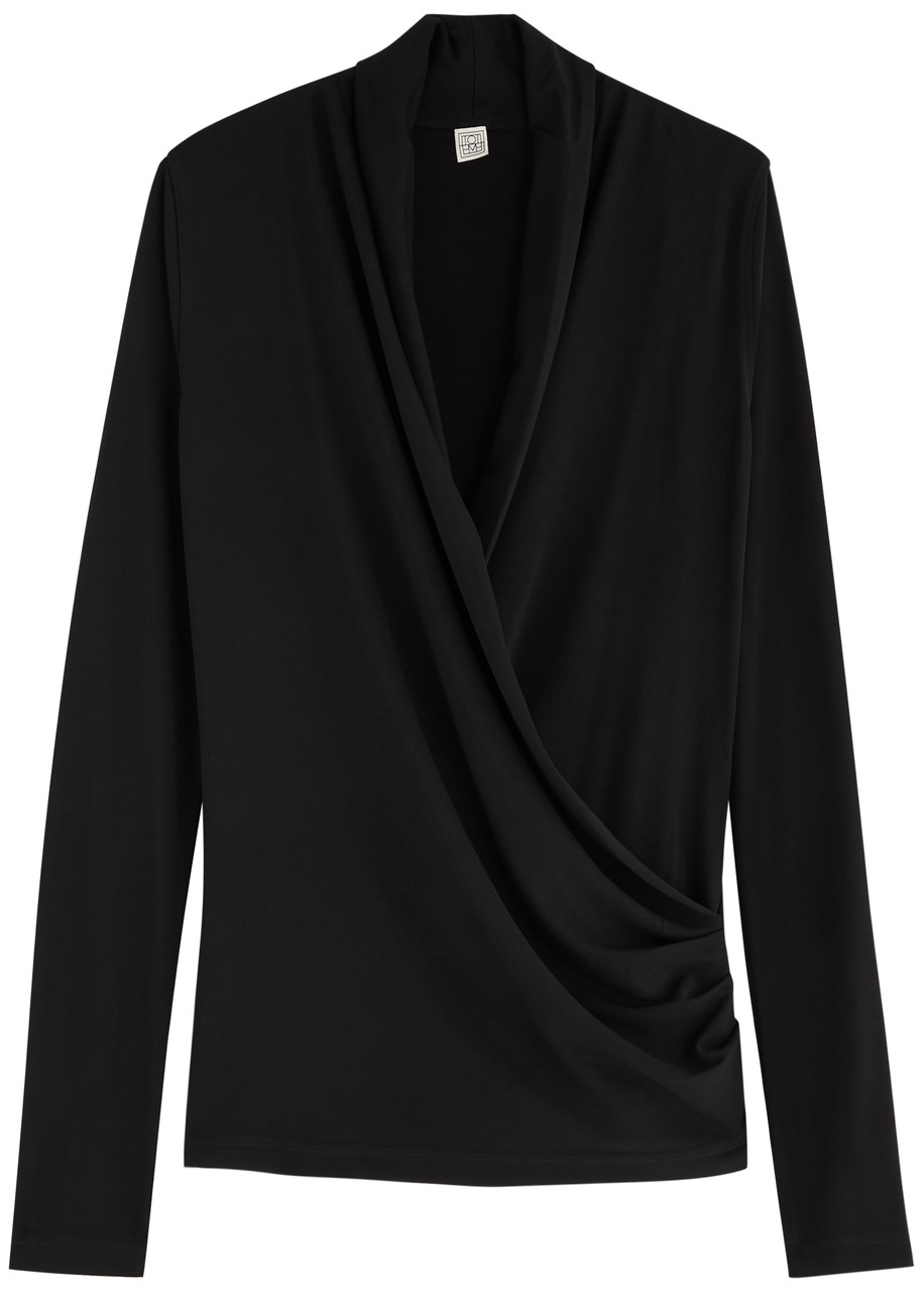 Totême Toteme Draped Wrap-effect Stretch-jersey Top In Black