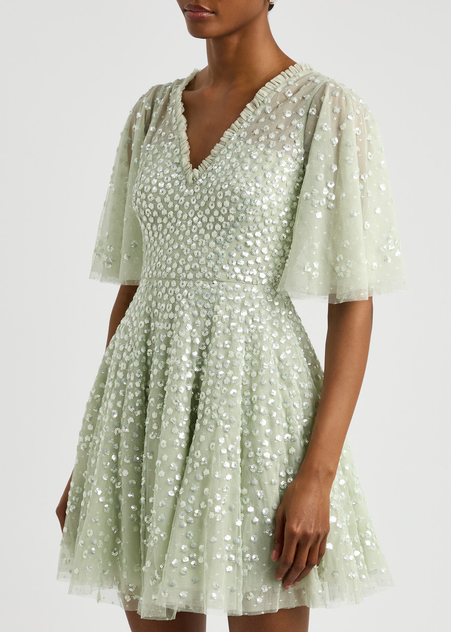 Needle & Thread Leila Dot Embellished Tulle Mini Dress In Light Green