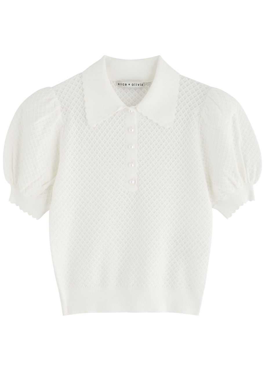 Alice + Olivia Ramona Pointelle Waffle-knit Polo Shirt - Off White - M (UK12 / M)