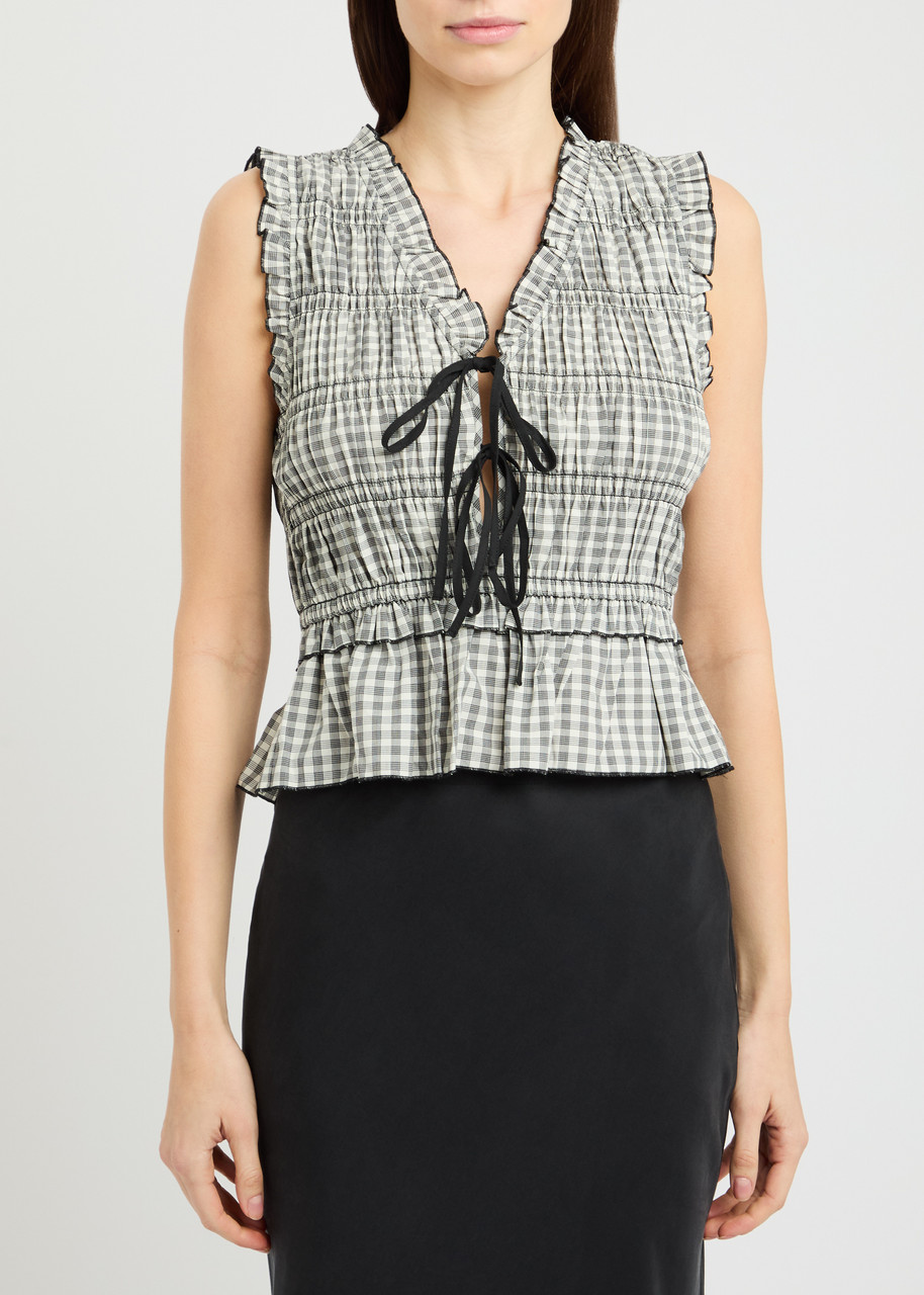 Rails Martine Gingham Smocked Ruffle Crop Top In Black And White