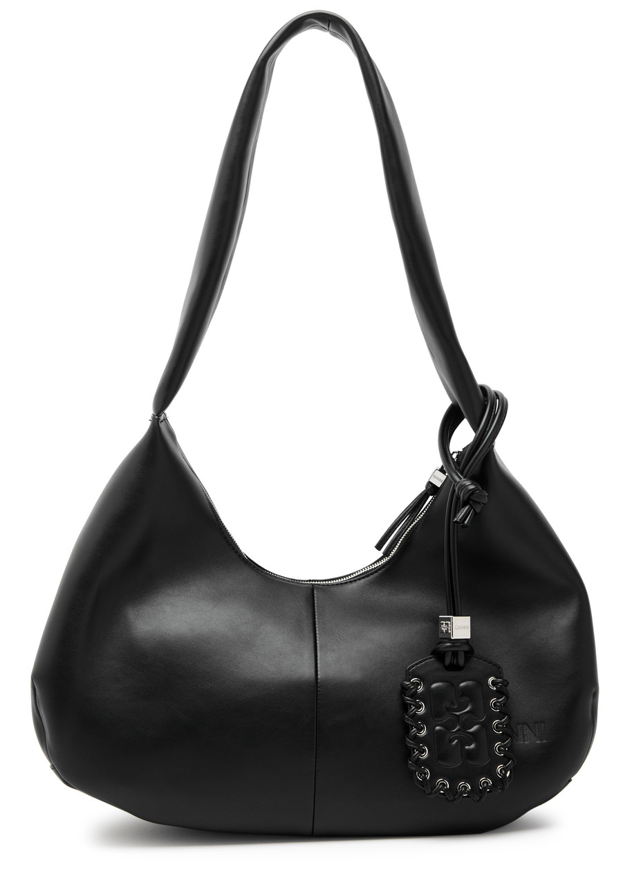 Ganni 'bou Bag Hobo Medium' Black Shoulder Bag With Shoulder Strap And Removable Logo Patch In Black