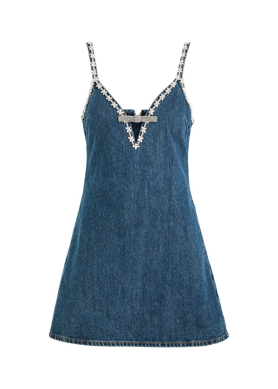 Self-portrait Crystal-embellished Denim Mini Dress - 12 (UK12 / M)