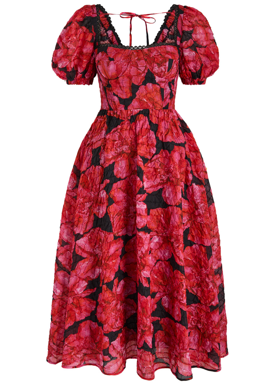 Charo Ruiz Ibiza Kyan Floral-print Cotton-blend Midi Dress - Black Red - L (UK14 / L)