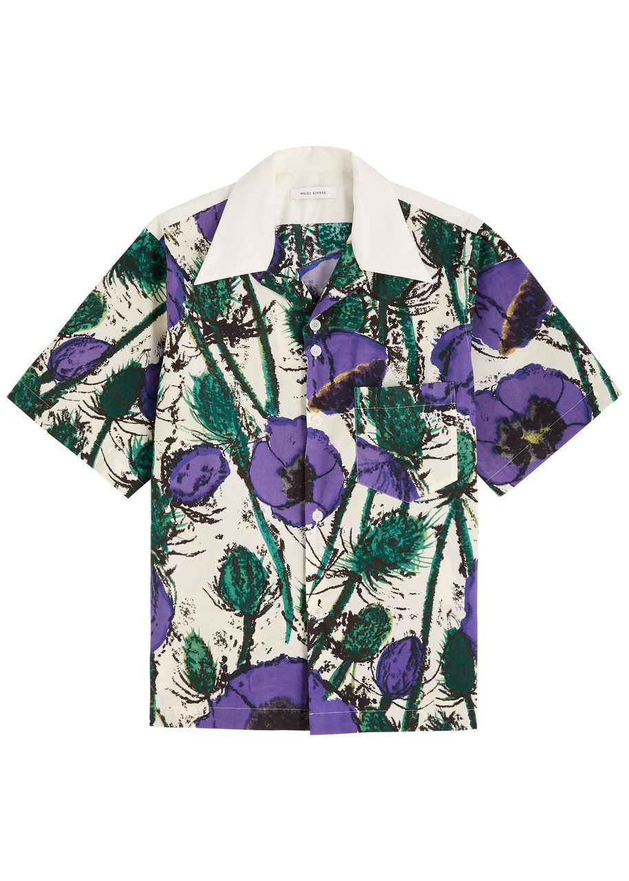 Wales Bonner Bowling Shirt With Floral Pattern And Short Sleeves In Purple