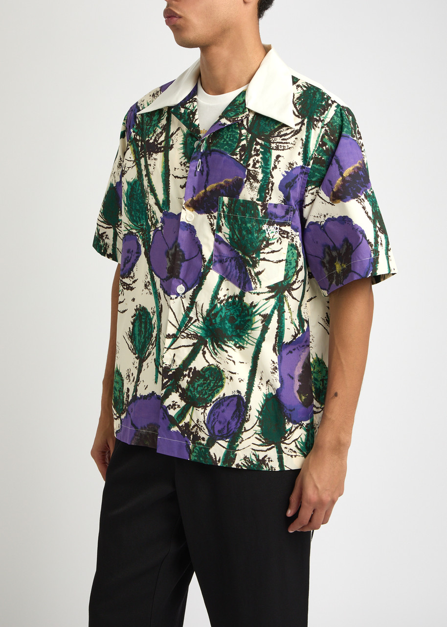 Wales Bonner Bowling Shirt With Floral Pattern And Short Sleeves In Purple