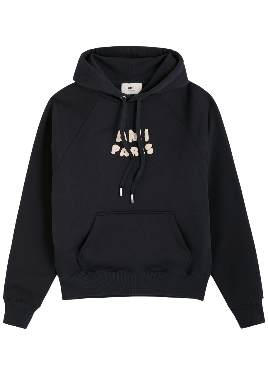 Ami Paris Logo-embroidered Hooded Cotton Sweatshirt – Navy – M Ami Paris Logo-embroidered Hooded Cotton Sweatshirt – Navy – M