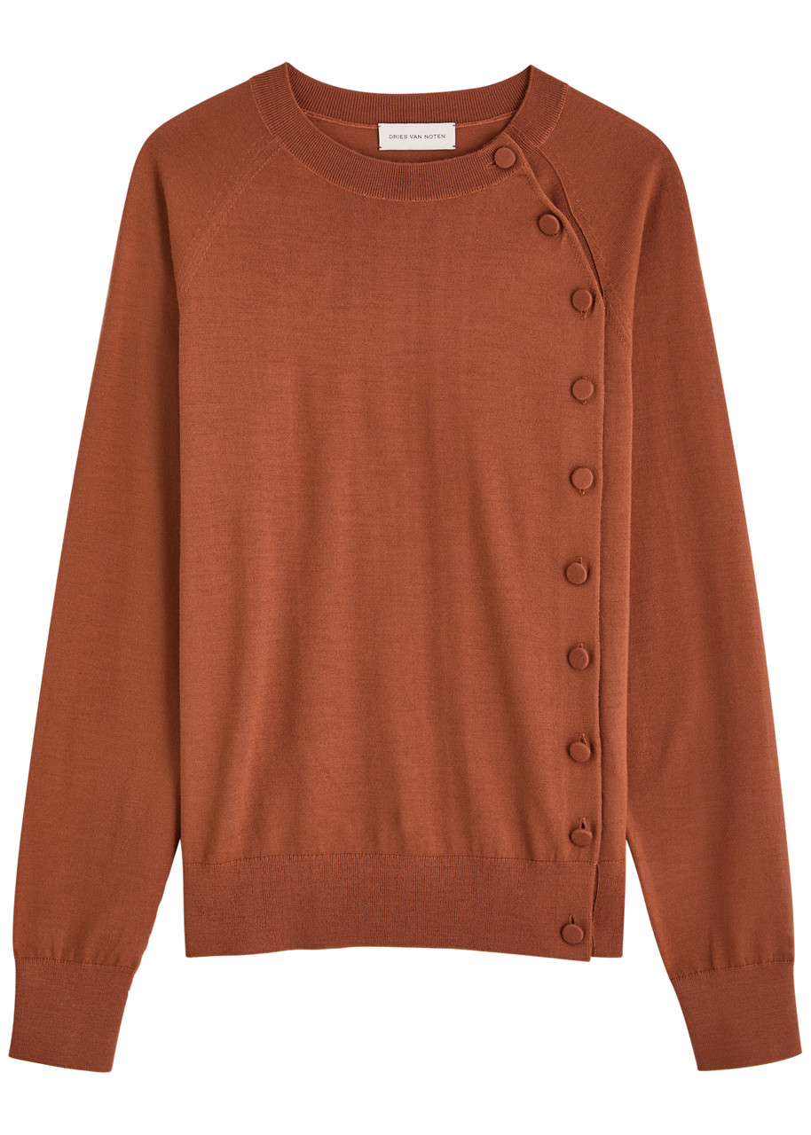 Dries Van Noten Torea Off-centered Button Wool Cardigan In Rust