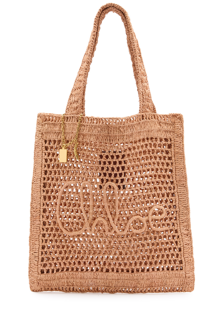 Chloé Summer Banana Embellished Crocheted Embroidered Faux Raffia Tote In Beige