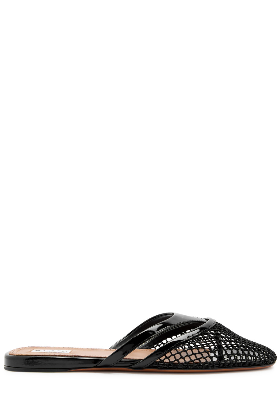 Alaïa Womens Azzedine Alaia Net Patent-leather Flat Mules In Black