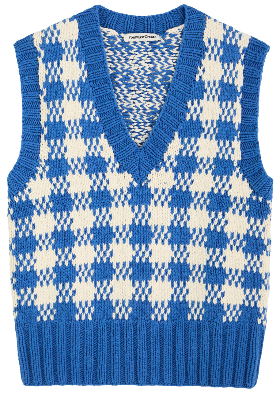 Ymc You Must Create Ymc Heidi Checked Knitted Cotton Vest In Blue And White
