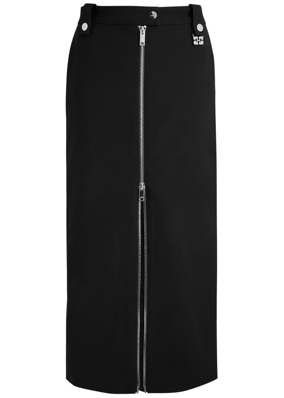 Ganni Zip-up Crepe Midi Skirt In Black