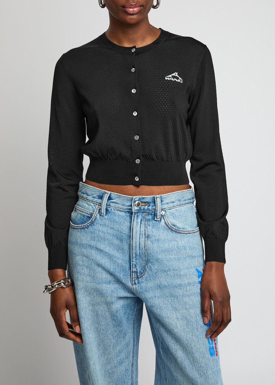 Alexander Wang T Alexanderwang.t Logo Cropped Perforated Jersey Cardigan In Black