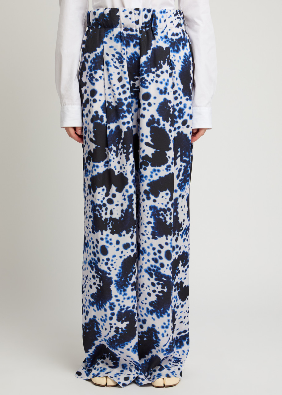 Dries Van Noten Pila Printed Matte Satin Trousers In Navy
