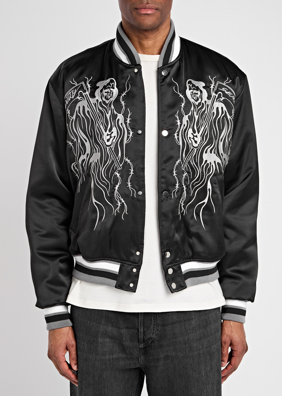 Warren Lotus Serenity Reaper Embroidered Satin Bomber Jacket In Black