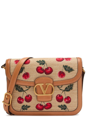 VALENTINO GARAVANI 9T05 cherry-jacquard raffia and leather cross