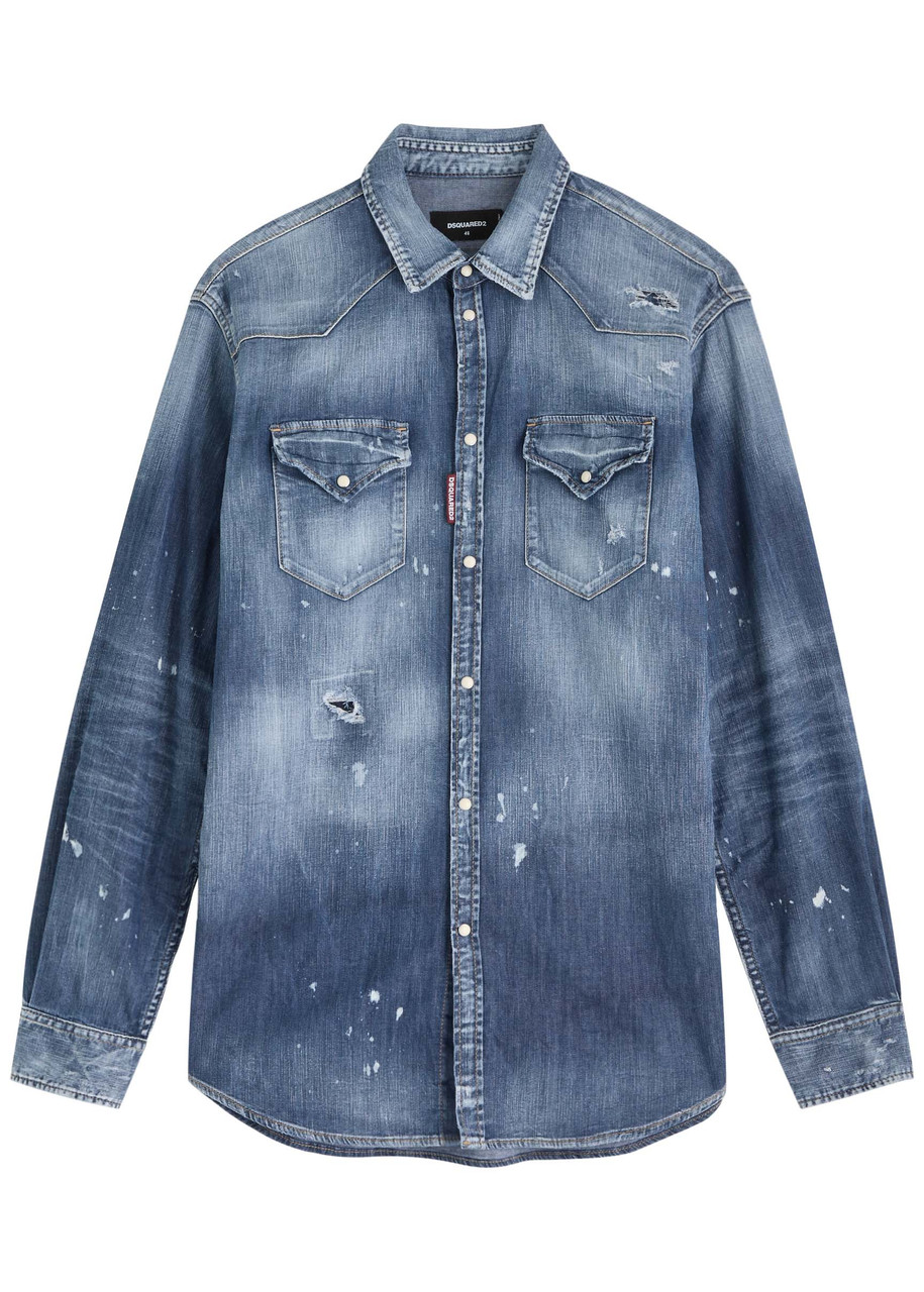 Dsquared2 Paint-splatter Stretch-denim Shirt In Navy
