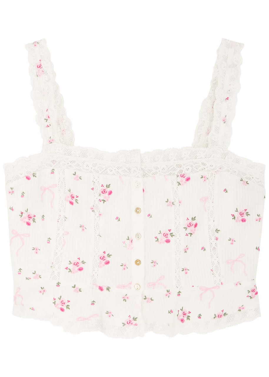 Loveshackfancy Vietta Ribbed Floral and Bow-embroidered Cotton top - Pink And White - L (UK14 / L)