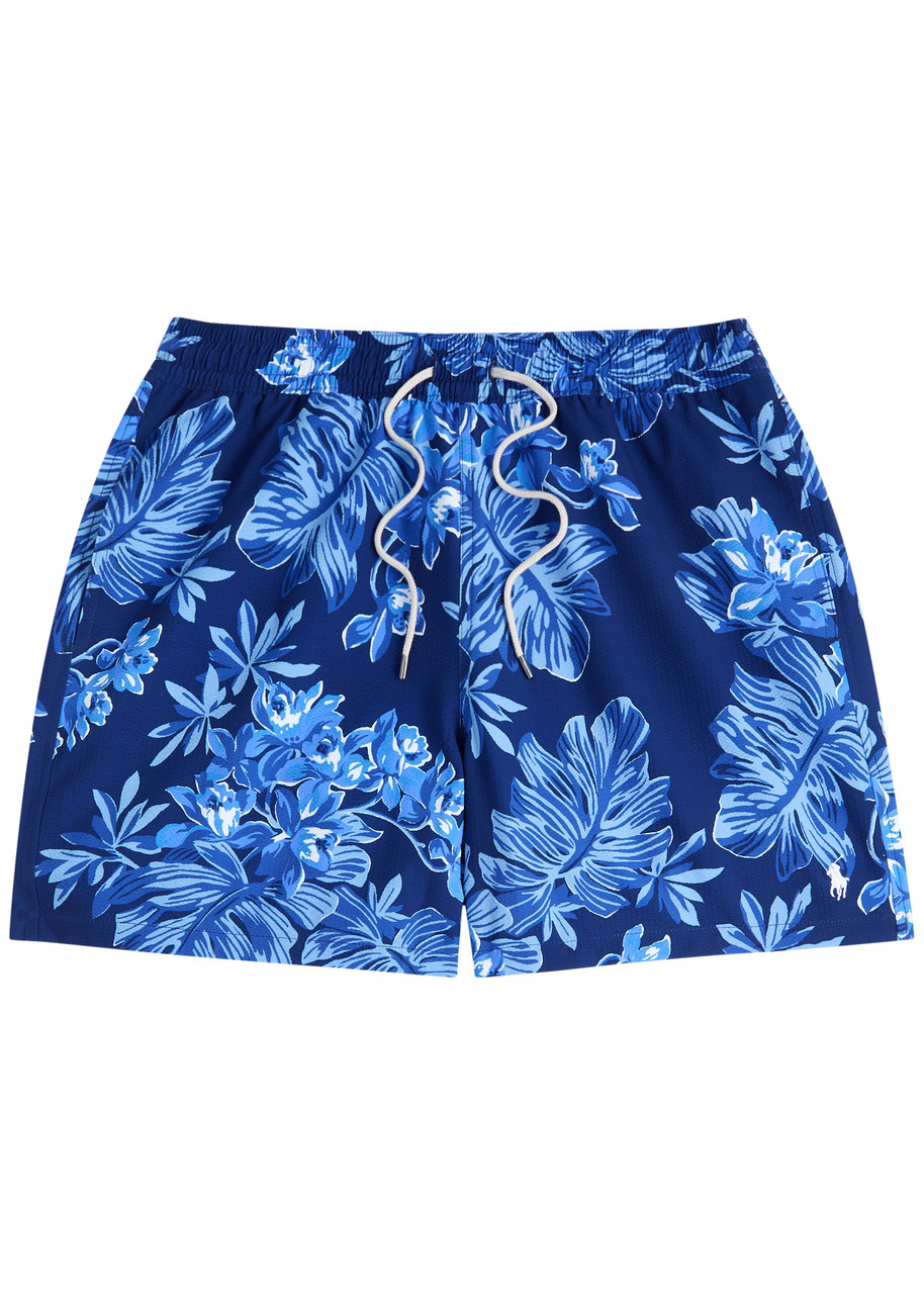 Polo Ralph Lauren Traveler Straight-leg Mid-length Floral-print Seersucker Swim Shorts In Blue
