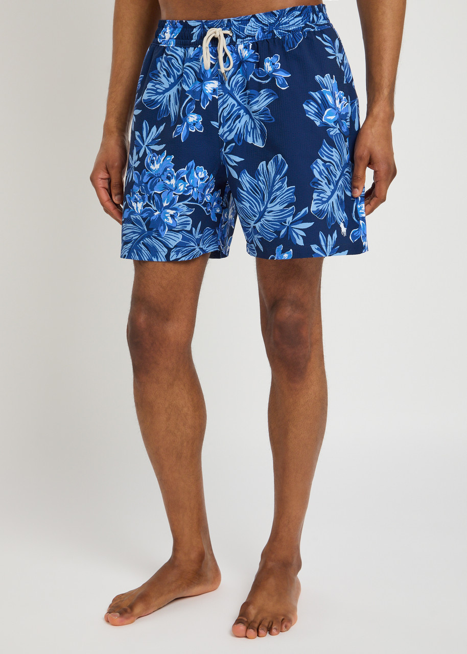 Polo Ralph Lauren Traveler Straight-leg Mid-length Floral-print Seersucker Swim Shorts In Blue