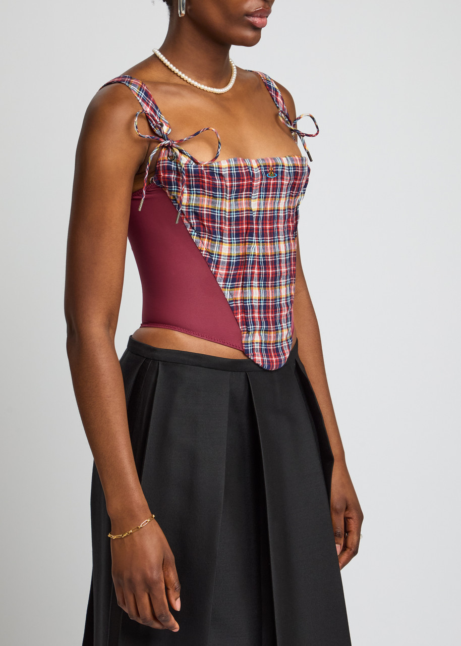 Vivienne Westwood Puppy Mesh-trimmed Checked Linen And Cotton-blend Bustier Top In Red