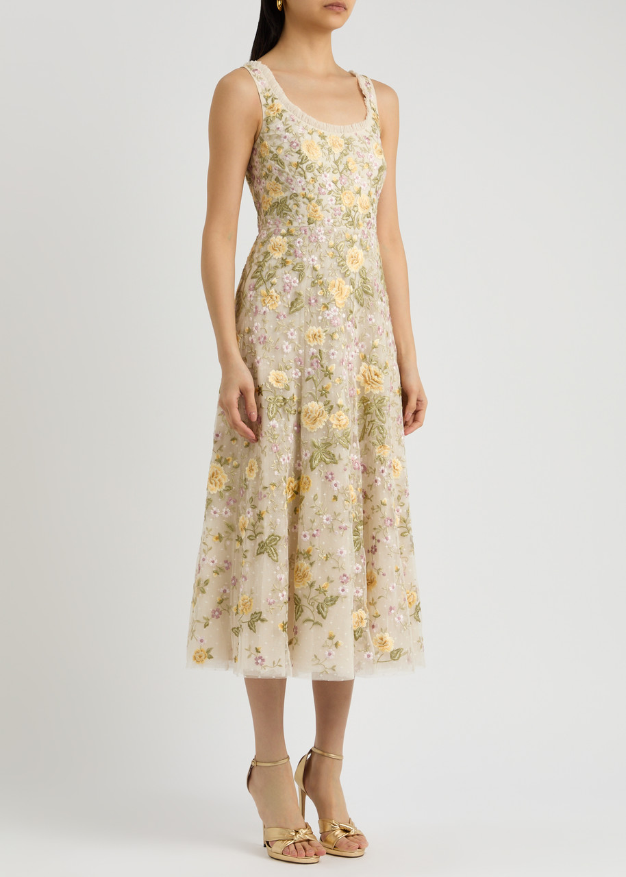 Needle & Thread Florine Floral-embroidered Tulle Midi Dress In Cream