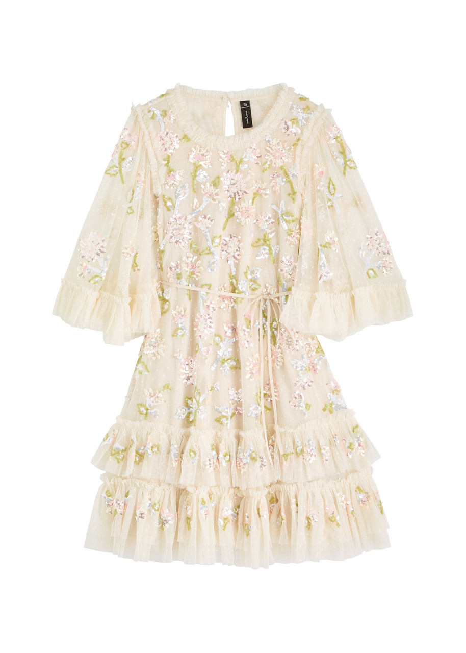 Needle & Thread Gloss Floral-embellished Tulle Mini Dress - Cream