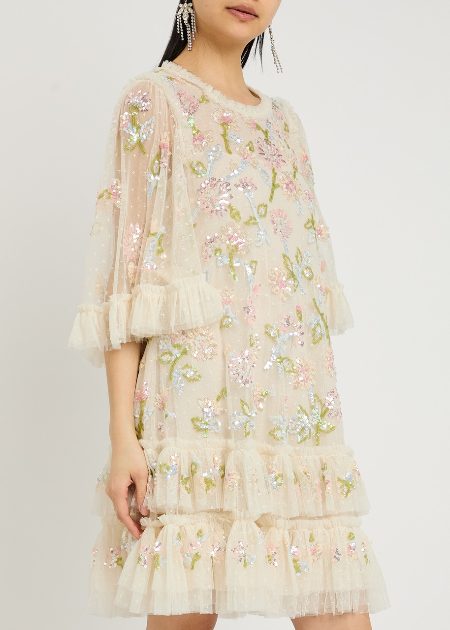 Needle & Thread Gloss Floral-embellished Tulle Mini Dress In Cream