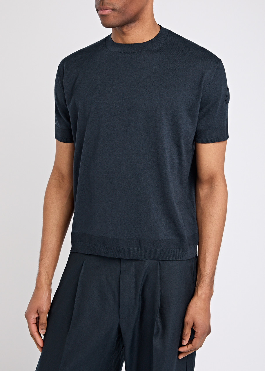Moncler Knitted Silk-blend T-shirt In Navy