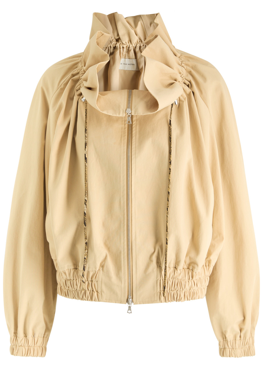 Dries Van Noten Cropped Ruffled Cotton-canvas Jacket In Beige