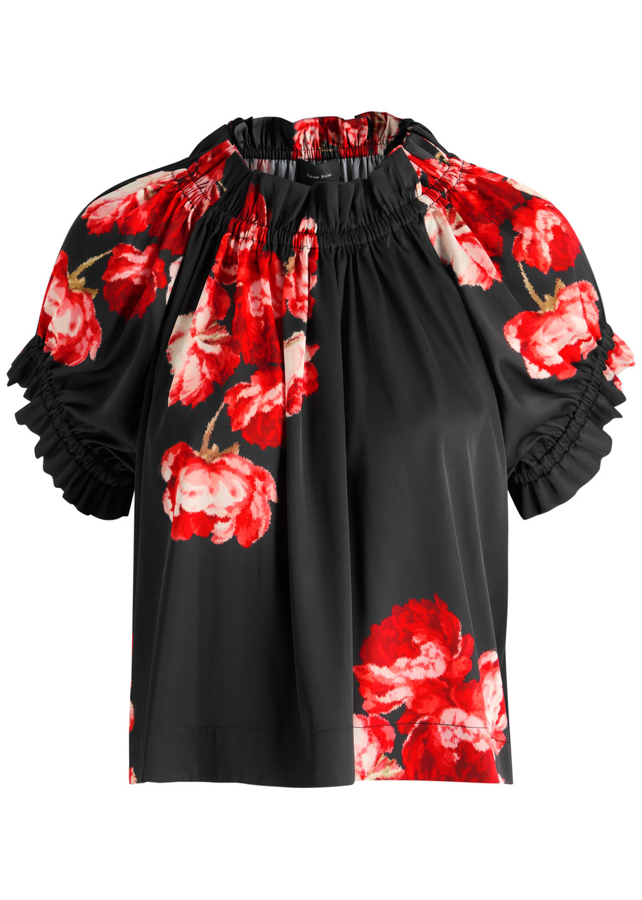 Simone Rocha Floral-print Stretch-satin top - Black Red - 6 (UK6 / XS)