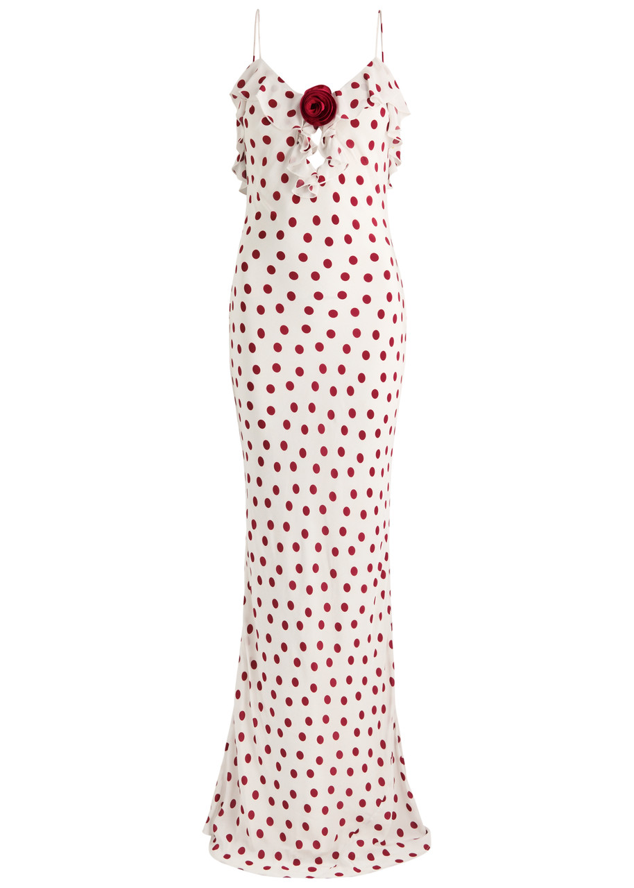 De La Vali Esperanza Polka-dot Crepe De Chine Maxi Dress In Ivory