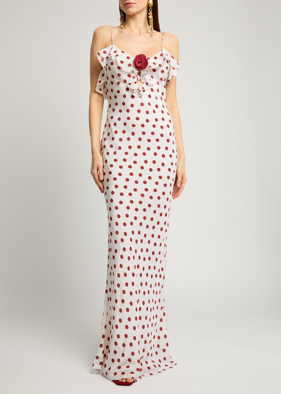 De La Vali Esperanza Polka-dot Crepe De Chine Maxi Dress In Ivory