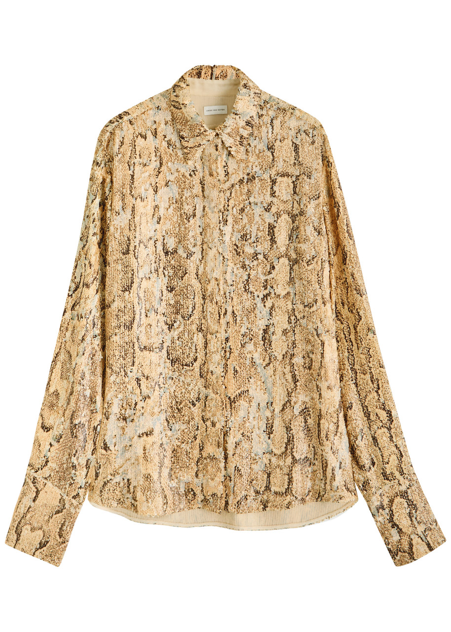 Dries Van Noten Celine Python-print Sequin-embellished Shirt In Beige