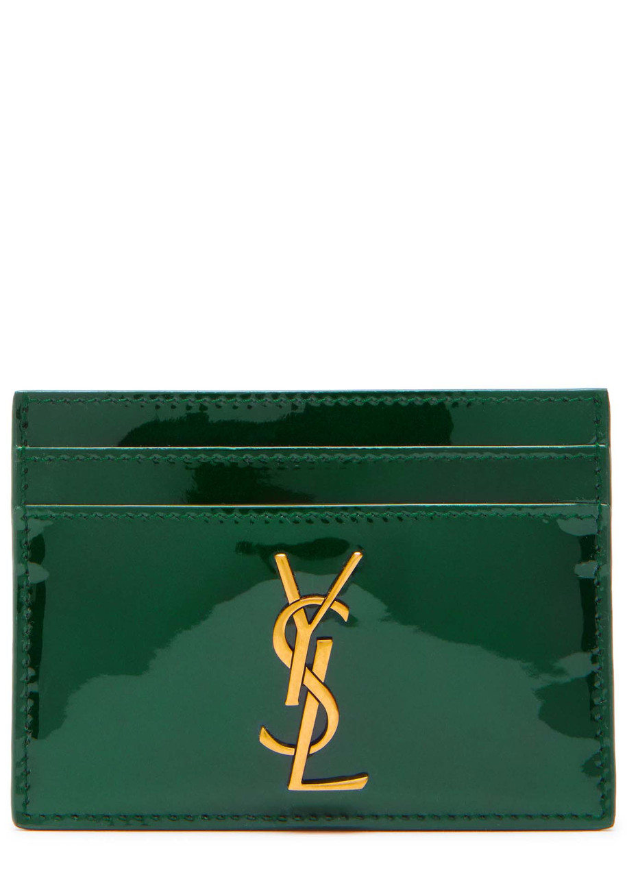 Saint Laurent Logo Patent Leather Card Holder In Dark Green