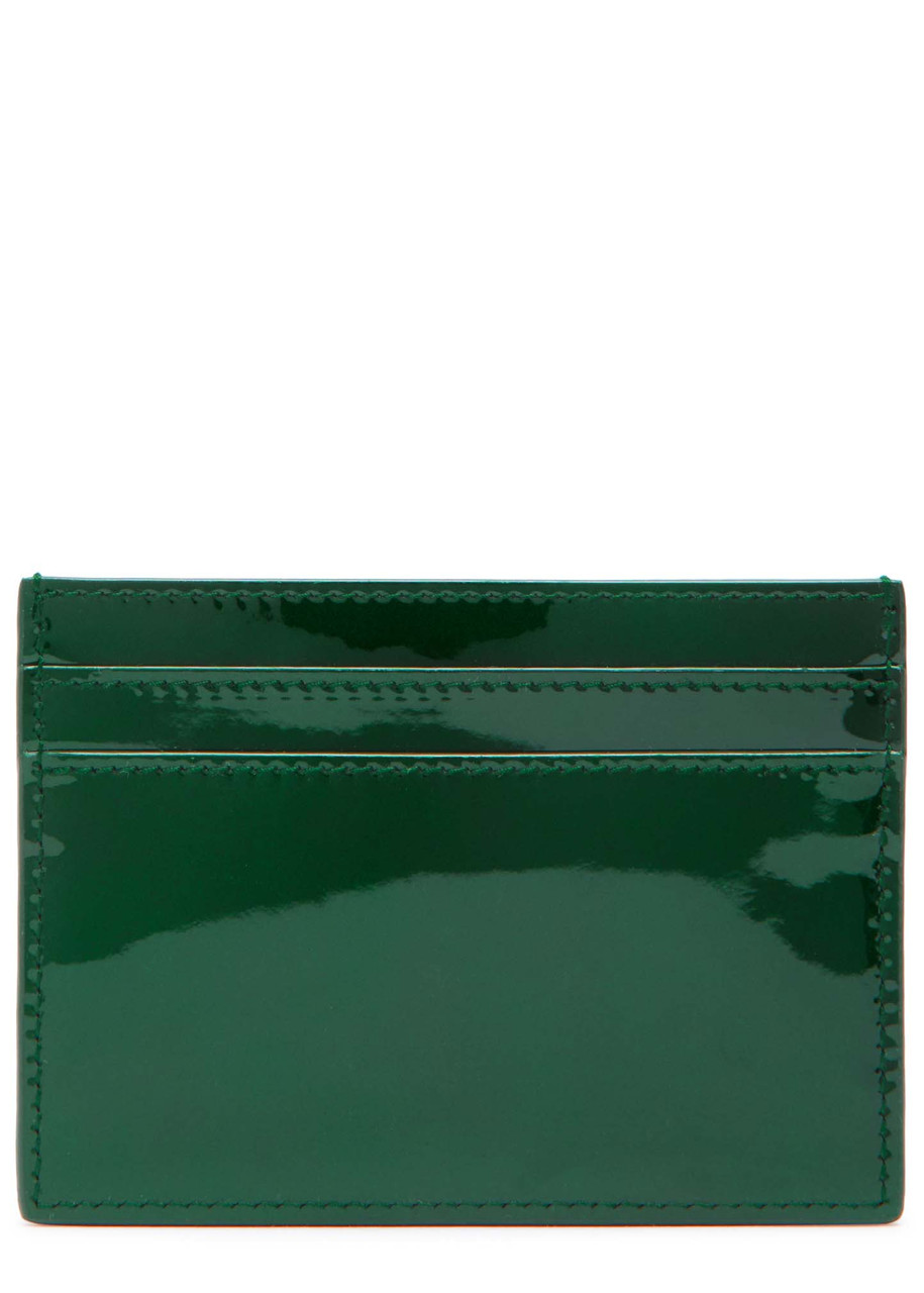 Saint Laurent Logo Patent Leather Card Holder In Dark Green