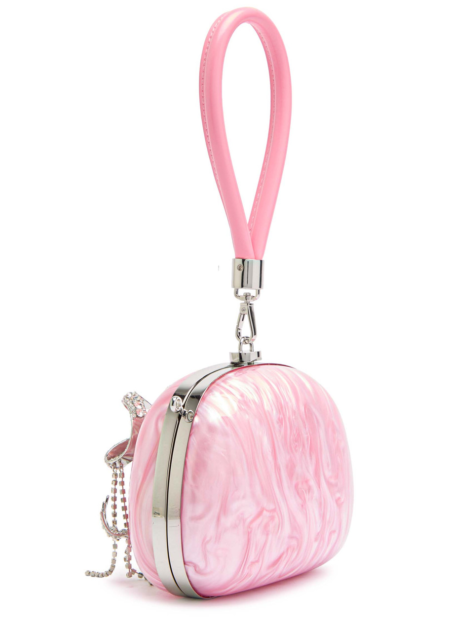 Self-portrait Bow Crystal-embellished Pearlescent Clutch In Pink